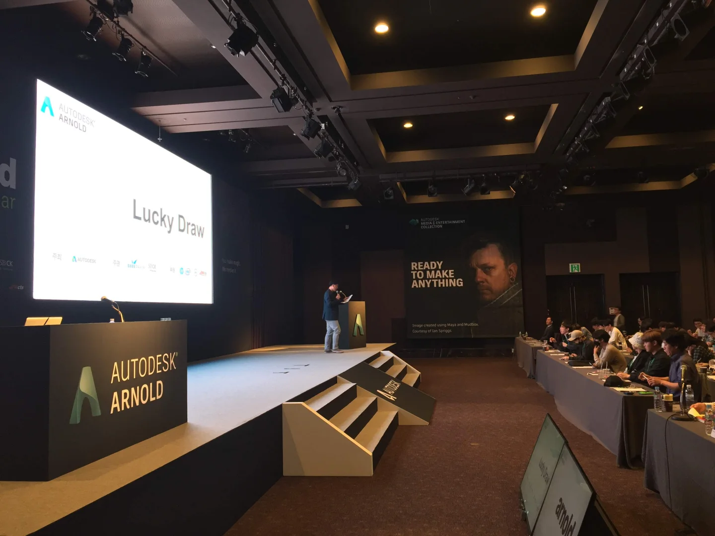 Ian Cope presenting on the Autodesk Arnold stage in Seoul in 2018