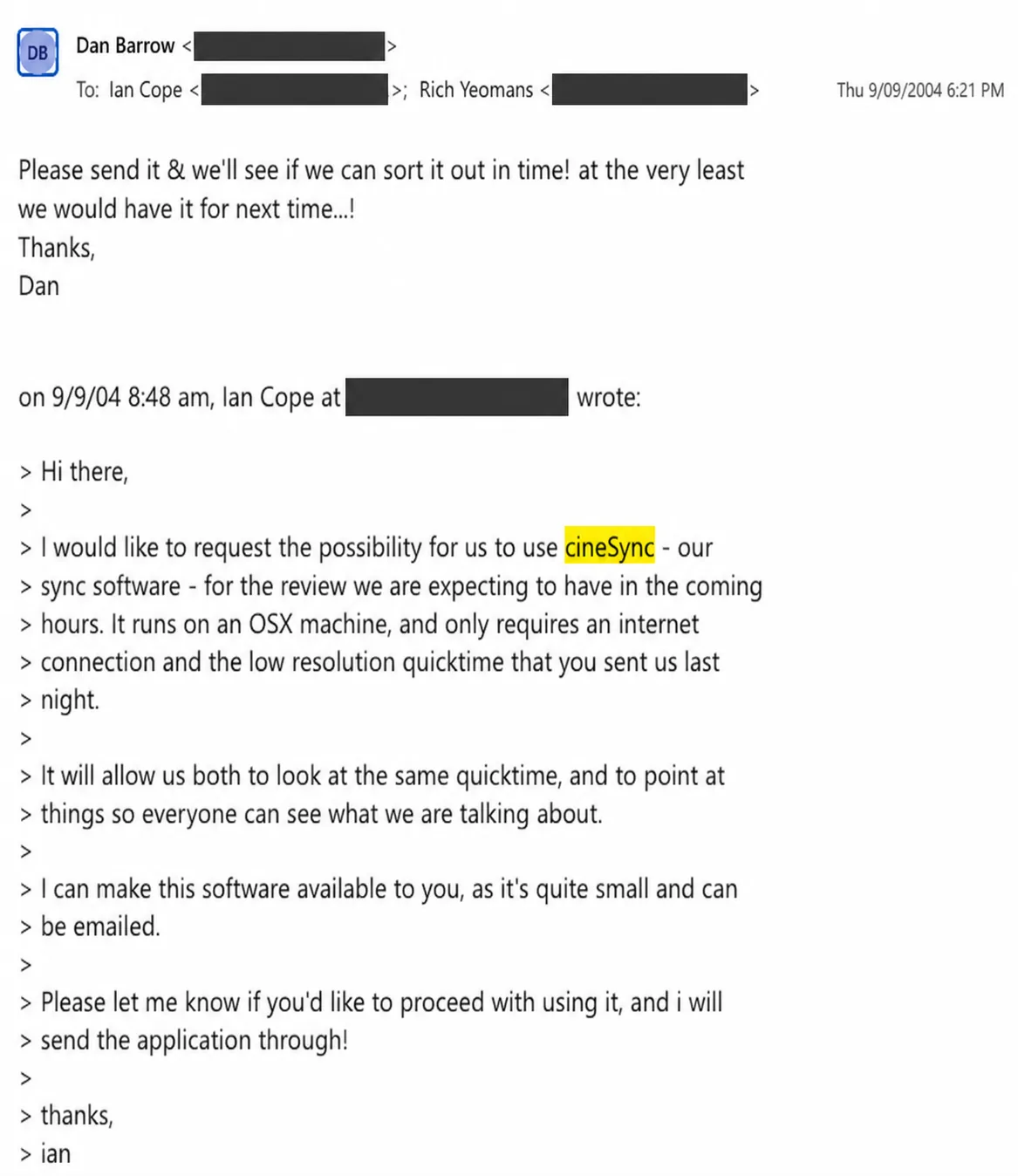Redacted September 2004 email proposing cineSync for remote visual effects review