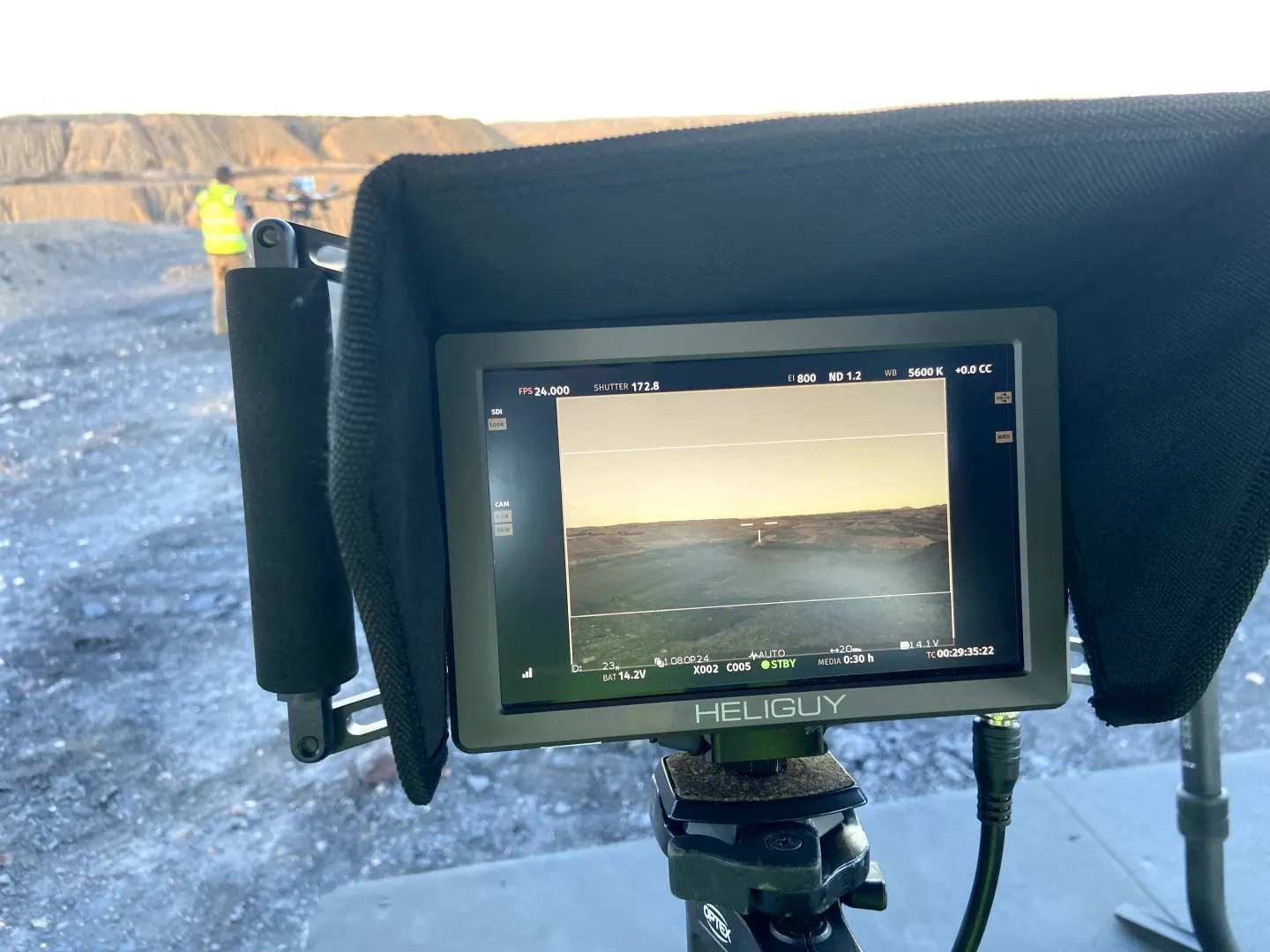 Field monitor overlooking a Leigh Creek landscape during a Mortal Kombat drone shoot
