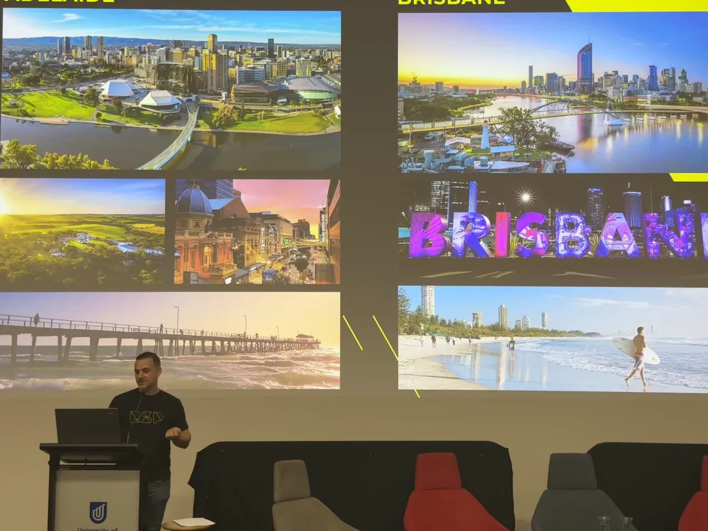 Ian Cope presenting at a University of South Australia lectern during the 2023 VFX Celebration.